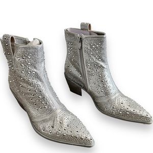 ISNOM Women's Rhinestone Cowboy Boots Pointed Toe Block Heel Sparkly Ankle